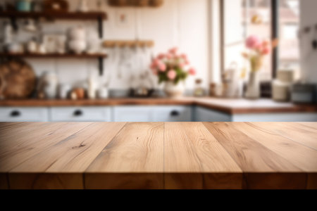 Close-up plane of the table, the kitchen interior is blurred in the background. High quality photoの写真素材