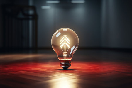 The light bulb lies on the floor and is lit, the electricity is isolated. High quality photoの写真素材