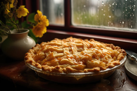 Delicious pie on the windowsill, bright sunny weather pastries and culinary dish. High quality photoの写真素材