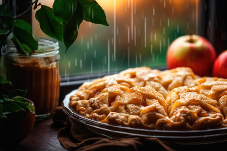 Delicious pie on the windowsill, sad rainy weather pastries and culinary dish. High quality photoの写真素材
