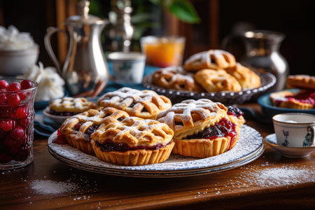 Delicious pies on the table, delicacy and tea, pastries and culinary. High quality photoの写真素材
