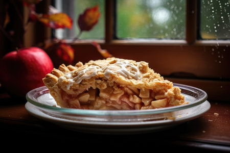 Delicious pie on the windowsill, sad rainy weather pastries and culinary dish. High quality photoの写真素材