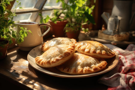 Delicious pie on the windowsill, bright sunny weather pastries and culinary dish
