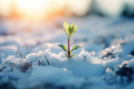 A plant grows through the snowy ground. New plant life. Sunny day, winter. High quality photoの写真素材