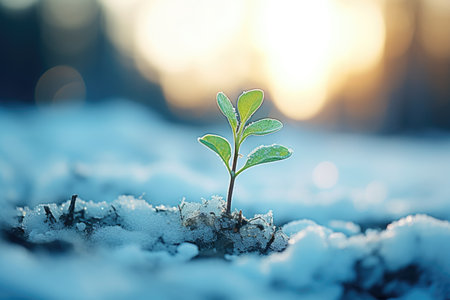 A plant grows through the snowy ground. New plant life. Sunny day, winter. High quality photoの写真素材