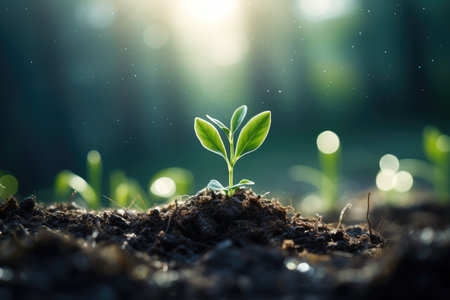 A flower grows through the stone ground. New plant life. Sunny day. High quality photoの写真素材