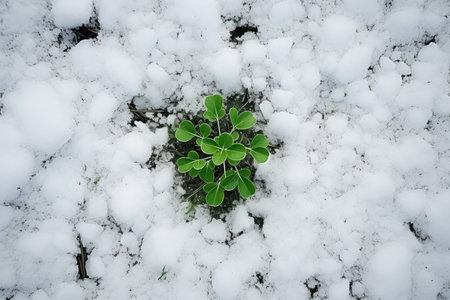 White flower grows through the snowy ground. New plant life. Winter, top view.の写真素材