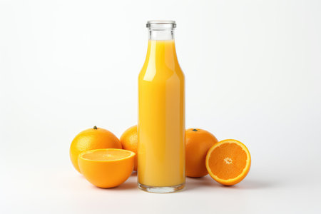 Bottle of fresh orange juice and an orange on a white background isolated. High quality photoの写真素材