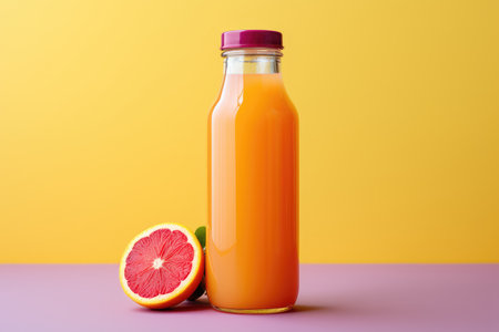 Glass bottle of fresh orange juice and orange on an orange background isolated. High quality photoの写真素材
