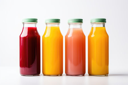 Bottles with multi-colored liquid or multifruit juice on a white background. High quality photoの写真素材