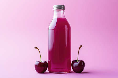 Bottle of fresh cherry juice and cherries lie on purple, lilac background. High quality photoの写真素材