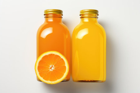 Bottle of fresh orange juice and oranges on a white background isolated top view. High quality photoの写真素材