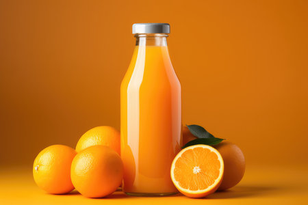 Glass bottle of fresh orange juice and orange on an orange background isolated. High quality photoの写真素材