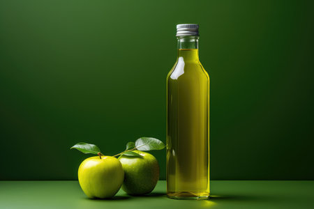 Bottle of fresh apple juice, glass and apples on green background isolated. High quality photoの写真素材