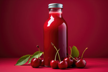 Bottle of fresh cherry juice and cherries lie on red background. High quality photoの写真素材