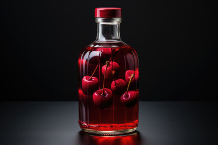 Bottle of fresh cherry juice and cherries lie on a black background isolated. High quality photoの写真素材