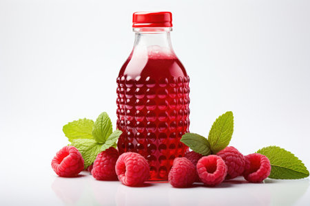 Bottles of fresh raspberry juice and berries lie on a white background isolated. High quality photoの写真素材