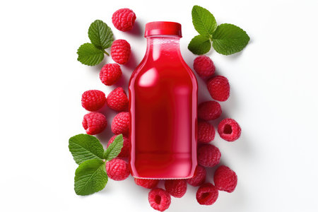 Bottle of fresh raspberry juice and berries top view white background isolated. High quality photoの写真素材