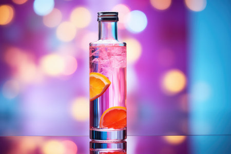 Bottle with multi-colored liquid or magic potion, medicine, colorful background. High quality photoの写真素材