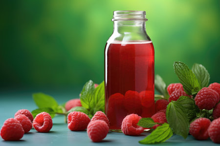 Bottles of fresh raspberry juice and berries lie on a green background isolated. High quality photoの写真素材