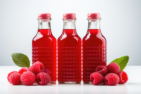 Bottles of fresh raspberry juice and berries lie on a white background isolated. High quality photoの写真素材