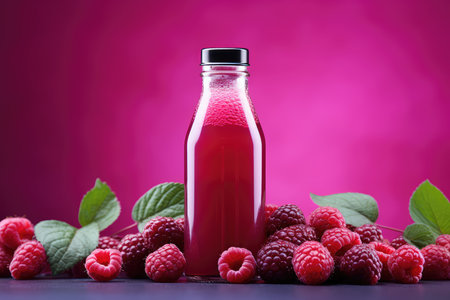 Bottles of fresh raspberry juice and berries lie on a pink background isolated. High quality photoの写真素材