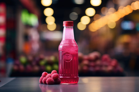 Bottles of fresh pink raspberries juice on shelf in a store. Commerce and health. High quality photoの写真素材