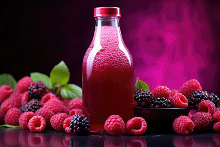 Bottles of fresh raspberry juice and berries lie on a pink background isolated. High quality photoの写真素材