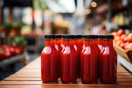 Bottle of fresh red tomato juice on a red background isolated. High quality photoの写真素材