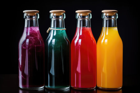 Bottles with multi-colored liquid or multifruit juice on a black background. High quality photoの写真素材