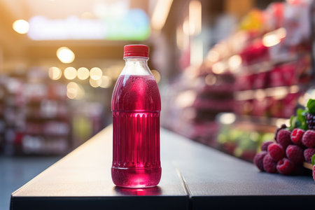 Bottles of fresh pink raspberries juice on shelf in a store. Commerce and health. High quality photoの写真素材