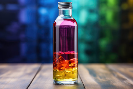 Bottle with multi-colored liquid or magic potion, medicine, colorful background. High quality photoの写真素材