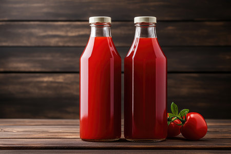Bottles of fresh red tomato juice on a wooden background isolated. High quality photoの写真素材