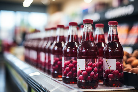 Bottles of fresh cherry juice on shelf in a store. Commerce and health. High quality photoの写真素材