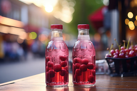 Bottles of fresh cherry juice on shelf in a store. Commerce and health. High quality photoの写真素材