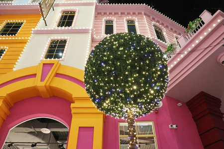 Beautiful photo of a colored street, pink colors, tree garland. High quality photoの写真素材