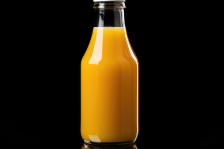 Glass bottle of fresh orange juice on black background isolated. High quality photoの写真素材