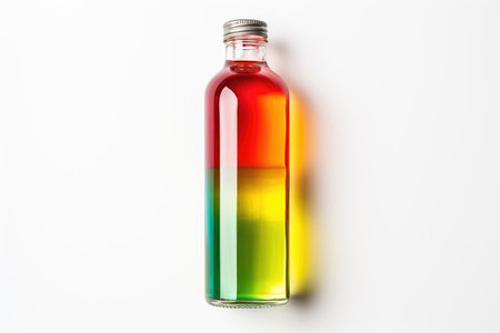 Bottle with multi-colored liquid or multifruit juice on a white background. High quality photoの写真素材