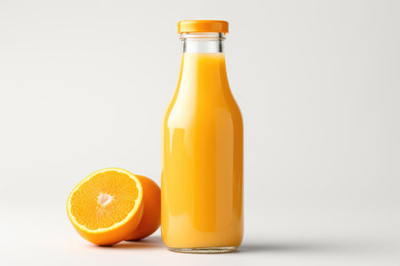 Bottle of fresh orange juice and an orange on a white background isolated. High quality photoの写真素材