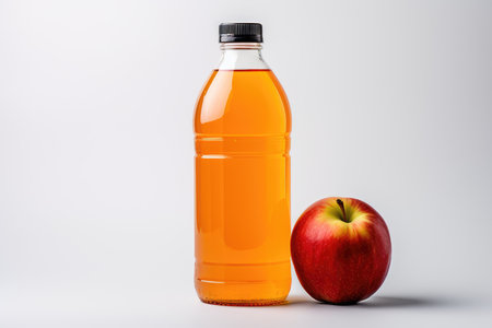 Glass bottle of fresh apple juice and apple isolated on white background. High quality photoの写真素材