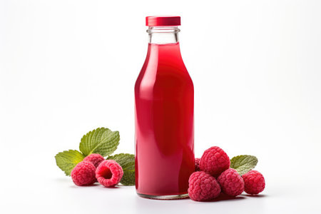 Bottles of fresh raspberry juice and berries lie on a white background isolated. High quality photoの写真素材