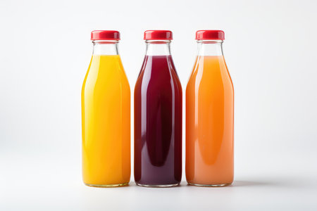 Bottles with multi-colored liquid or multifruit juice on a white background. High quality photoの写真素材