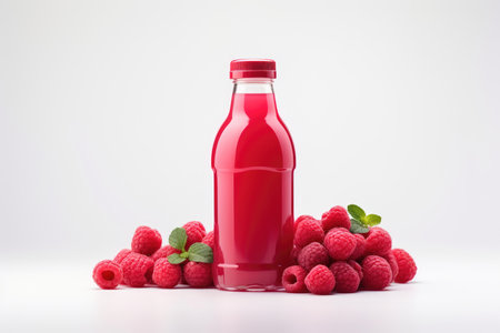 Bottles of fresh raspberry juice and berries lie on a white background isolated. High quality photoの写真素材