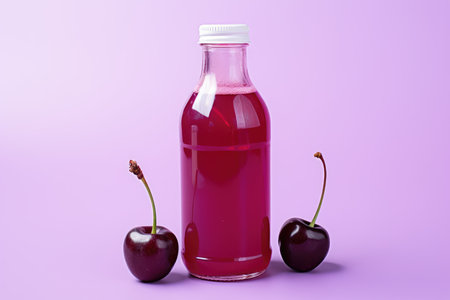 Bottle of fresh cherry juice and cherries lie on purple, lilac background. High quality photoの写真素材