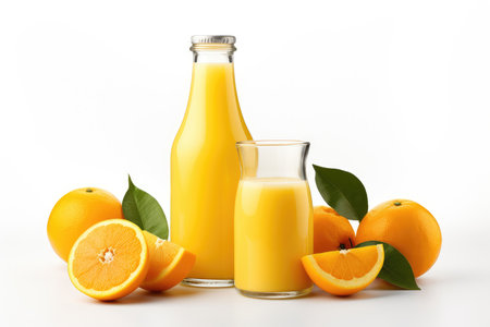 Bottle of fresh orange juice and an orange on a white background isolated. High quality photoの写真素材