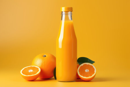 Glass bottle of fresh orange juice and orange on an orange background isolated. High quality photoの写真素材