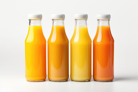 Several bottles of fresh orange juice on a white background isolated. High quality photoの写真素材