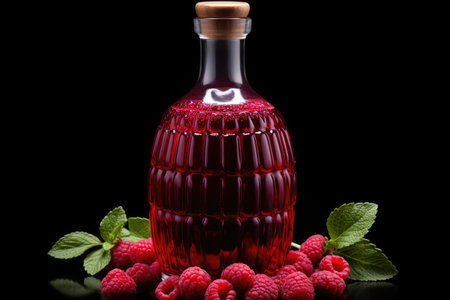 Bottles of fresh raspberry juice and berries lie on a black background isolated. High quality photoの写真素材