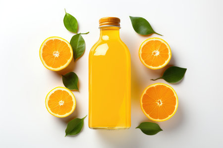 Bottle of fresh orange juice and oranges on a white background isolated top view. High quality photoの写真素材