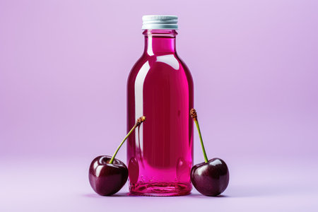Bottle of fresh cherry juice and cherries lie on purple, lilac background. High quality photoの写真素材